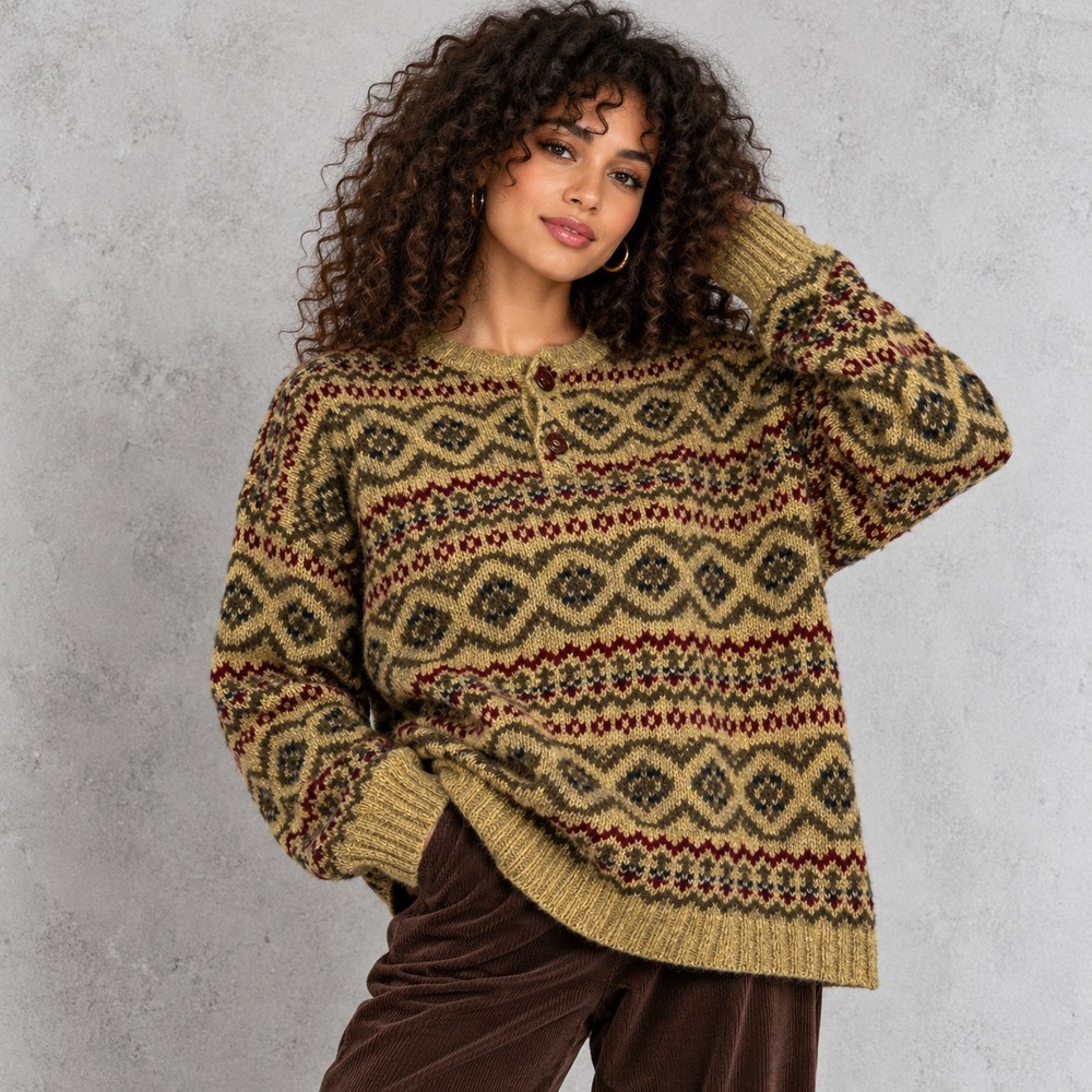 Trail's End Vintage Knit Womens Henley Sweater Khaki Fair Isle Ramie Blend XL
